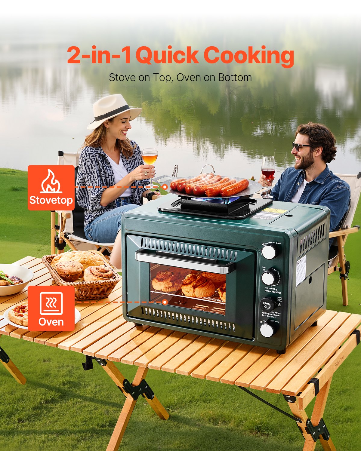 Outdoor Oven 2-in-1 Portable Gas Camping Stove Oven Combo Adjustable