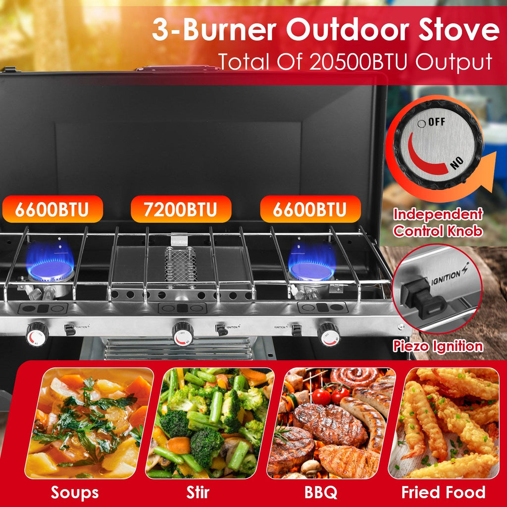 3 Burner Camping Stove 20000 BTU Portable Foldable Propane Stove With