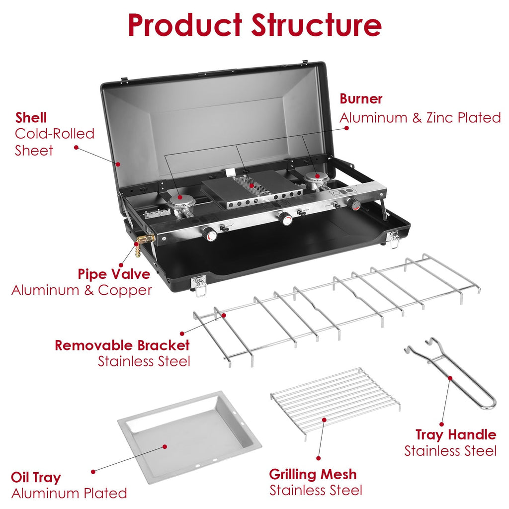 3 Burner Camping Stove 20000 BTU Portable Foldable Propane Stove With