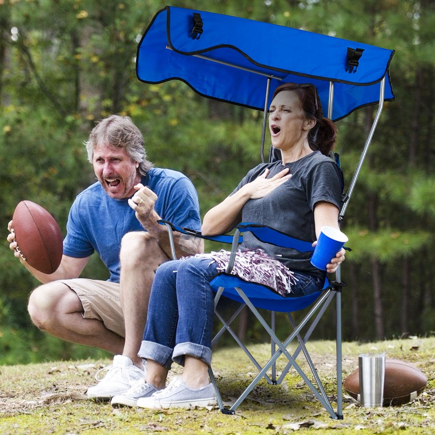 1Pc Foldable Camping Chair With Canopy Cup Holder 330LBS Max Load
