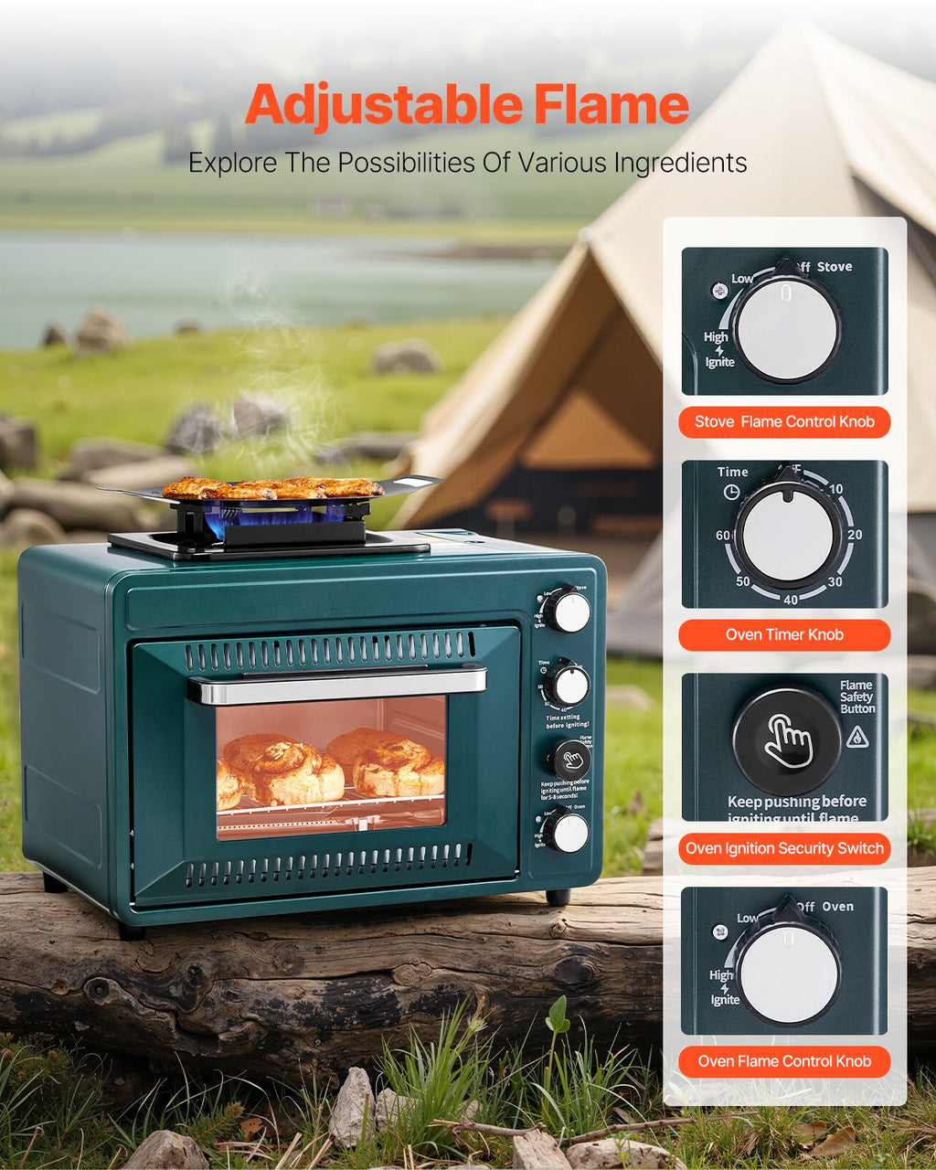 Outdoor Oven 2-in-1 Portable Gas Camping Stove Oven Combo Adjustable