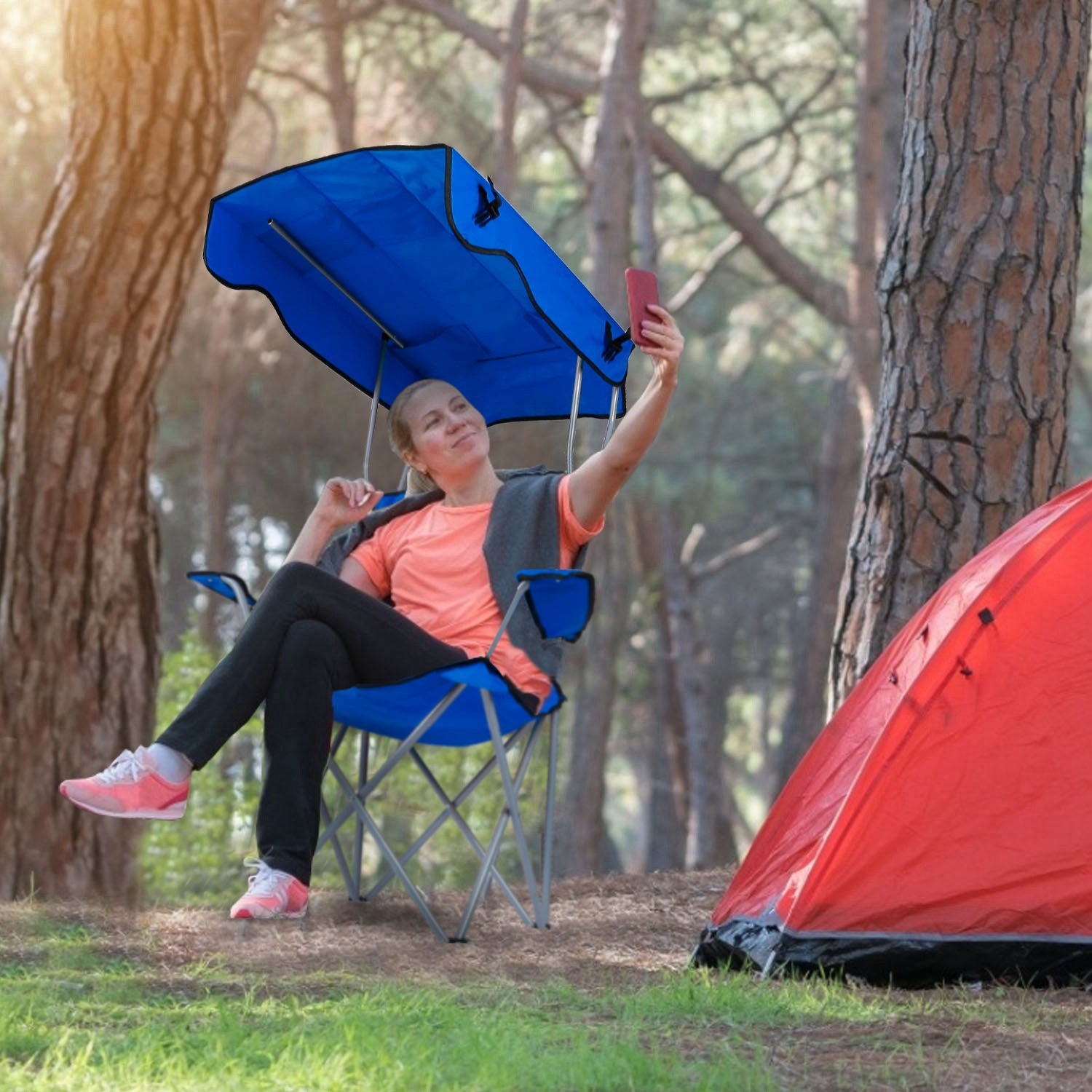 1Pc Foldable Camping Chair With Canopy Cup Holder 330LBS Max Load