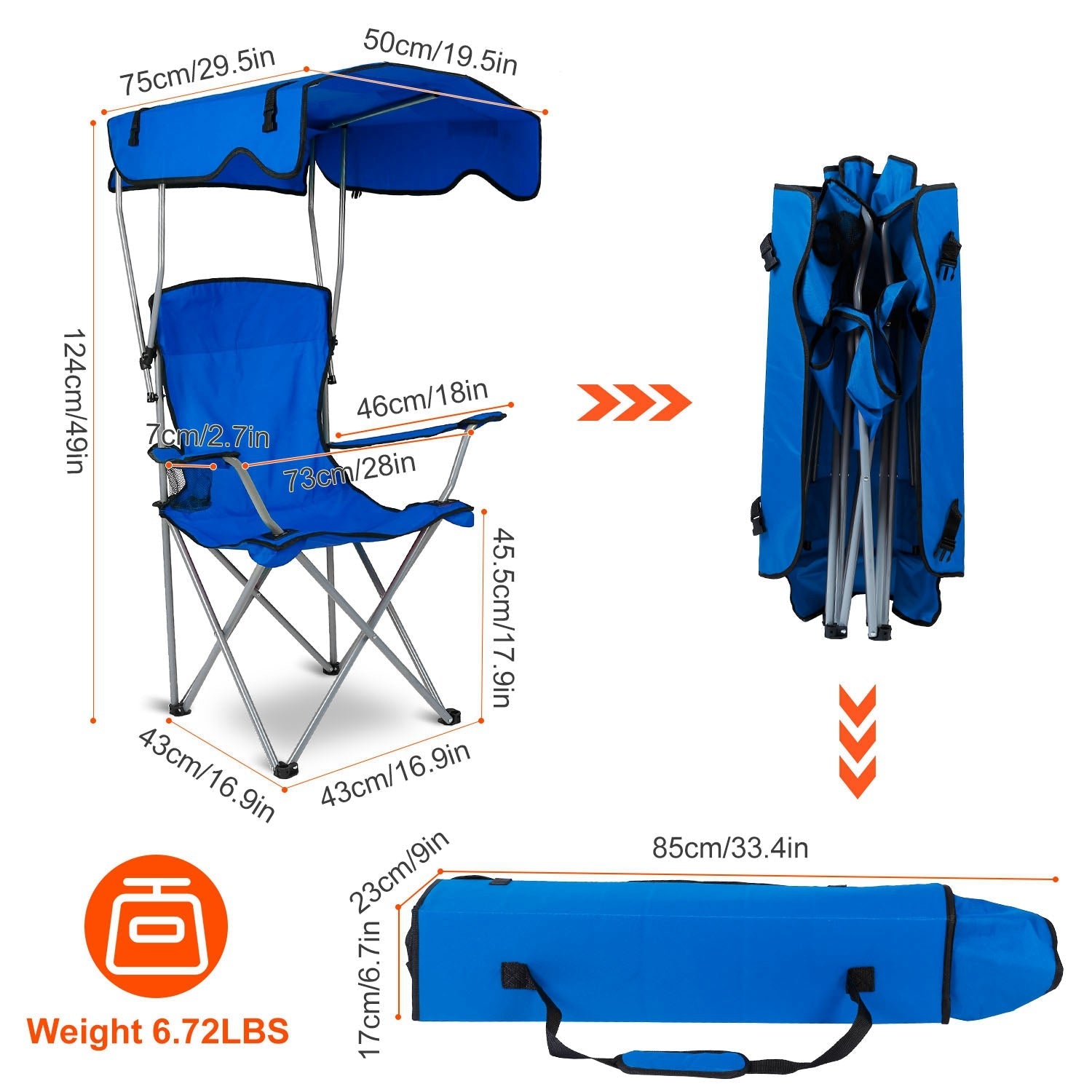 1Pc Foldable Camping Chair With Canopy Cup Holder 330LBS Max Load