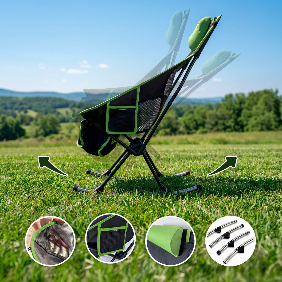 2-in-1 Folding Camping Rocking Chair with Pocket, Cushion and Carry